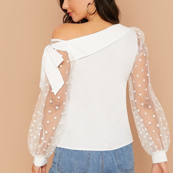 one shoulder bow polka dot sheer sleeve top White - Picture 5 of 14
